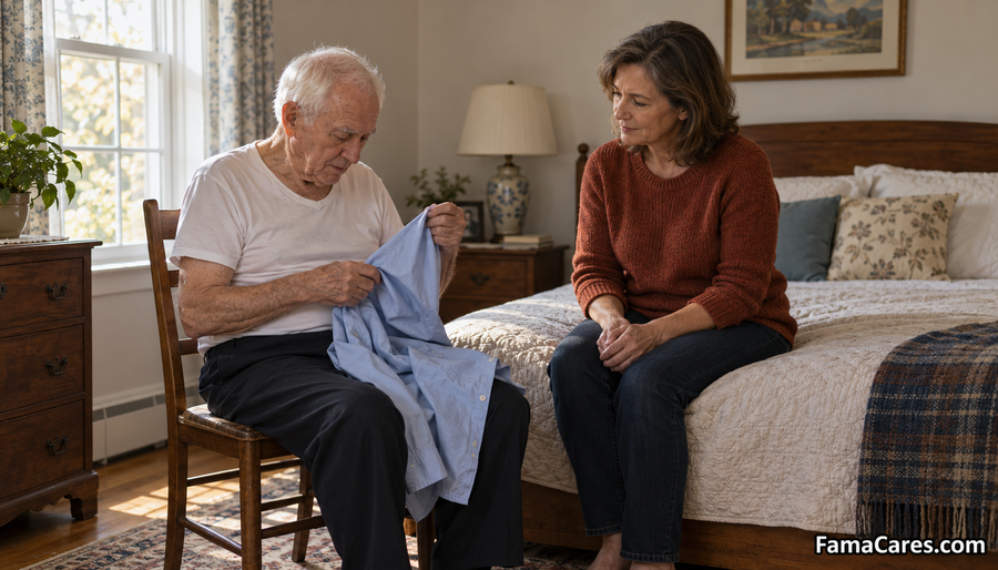 Older man sitting on a chair in a bedroom holding an open light blue shirt on his lap while a woman sits on the bed beside him