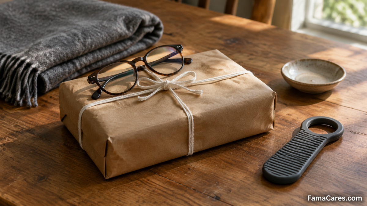 A plain brown-paper parcel tied with twine on a kitchen table beside a jar opener, reading glasses and a folded throw