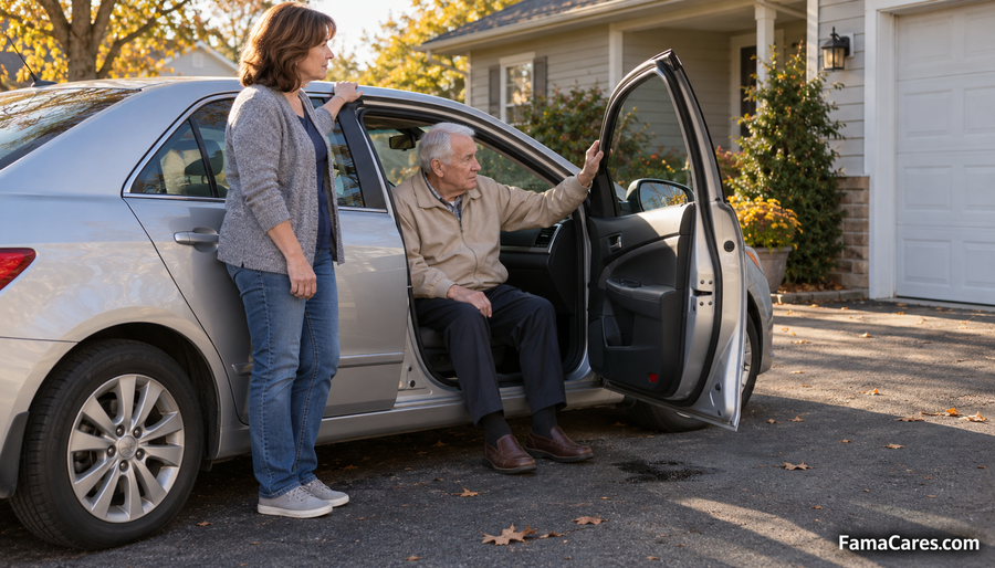 Older man seated sideways on the passenger seat of a car with his feet on the driveway while a woman stands at the open door