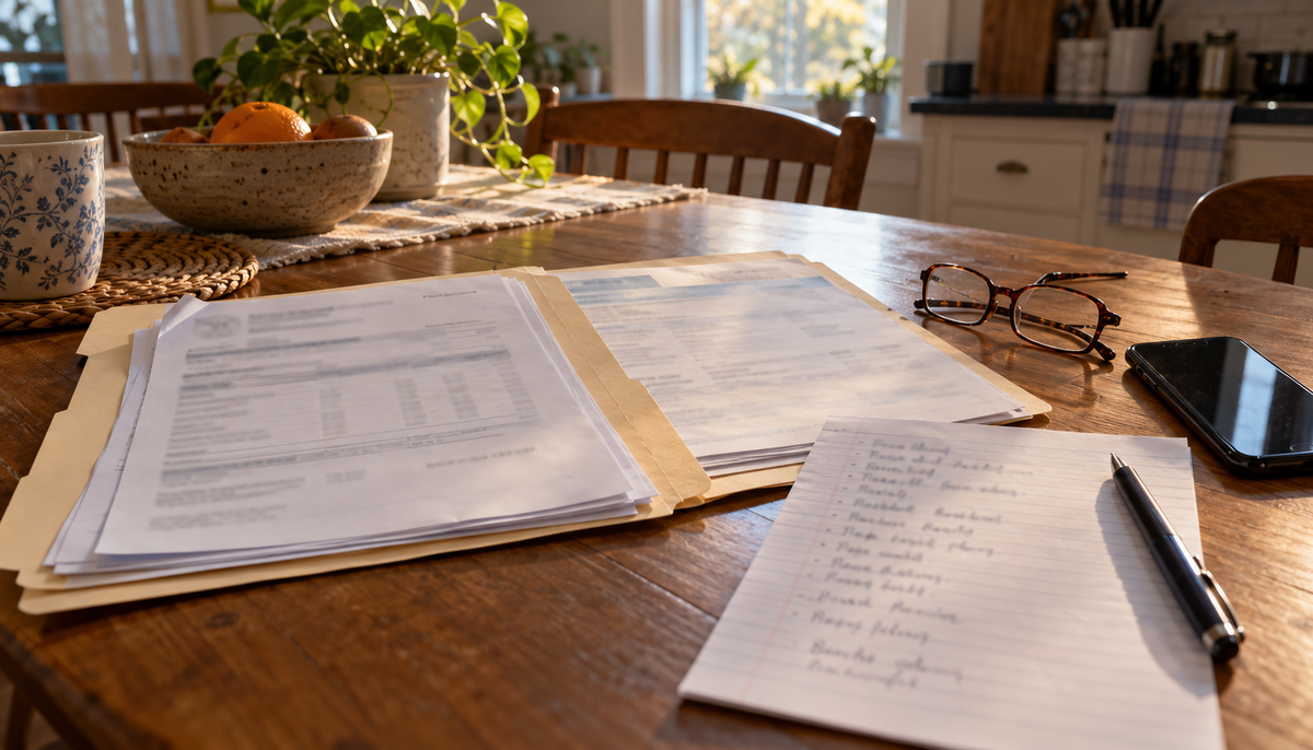 An open folder of hospital papers, a handwritten medicine list, glasses and a phone on a kitchen table