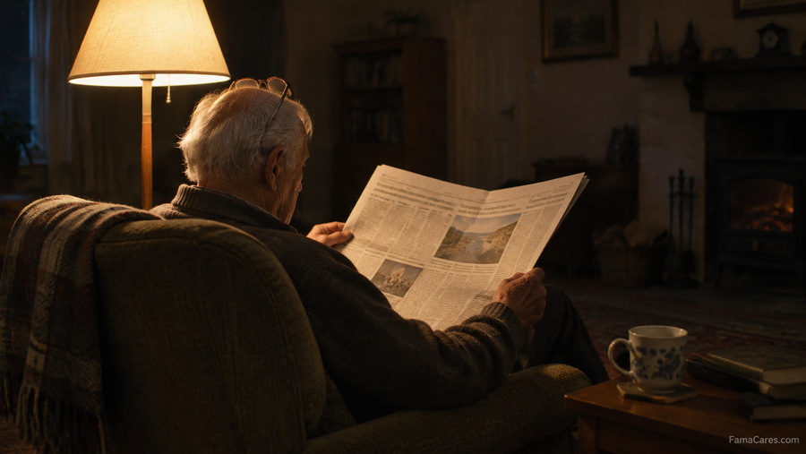 A man in his seventies reading a newspaper in an armchair lit by a warm floor lamp beside his shoulder
