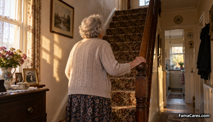 A woman in her seventies standing at the foot of a carpeted staircase with one hand on the wooden banister