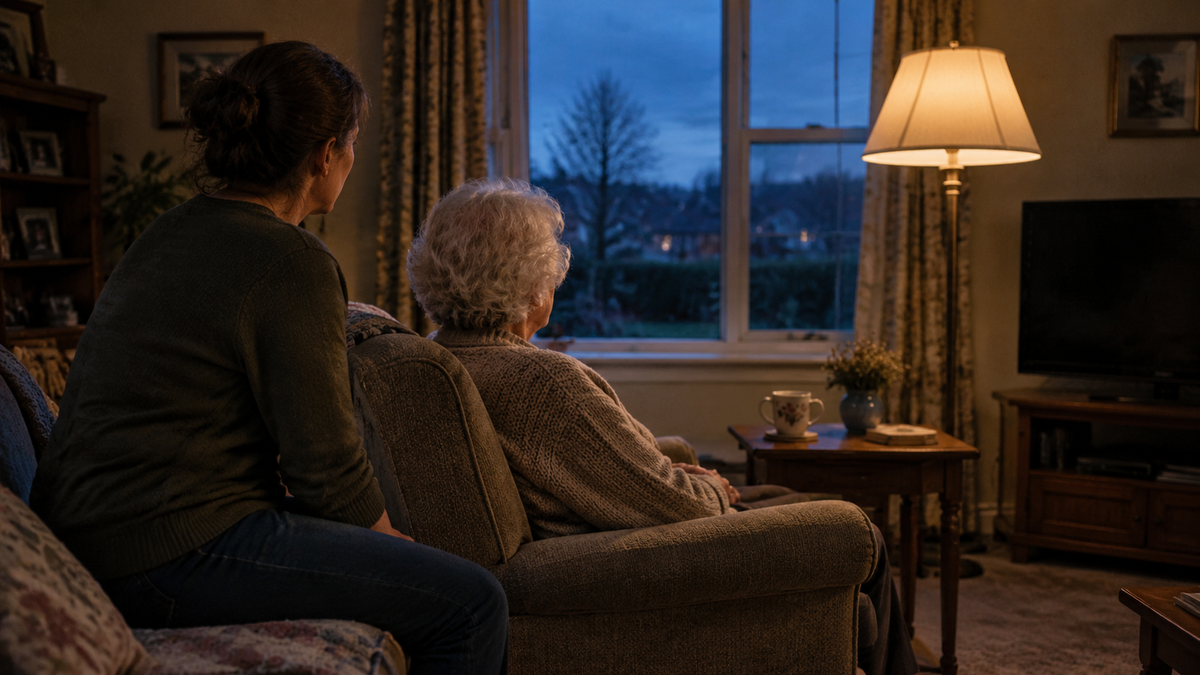 A woman in her seventies in an armchair and her adult daughter beside her, both looking toward a window at dusk with a lamp lit