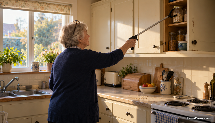An older woman using a long-handled reacher to bring a jar down from a high kitchen shelf