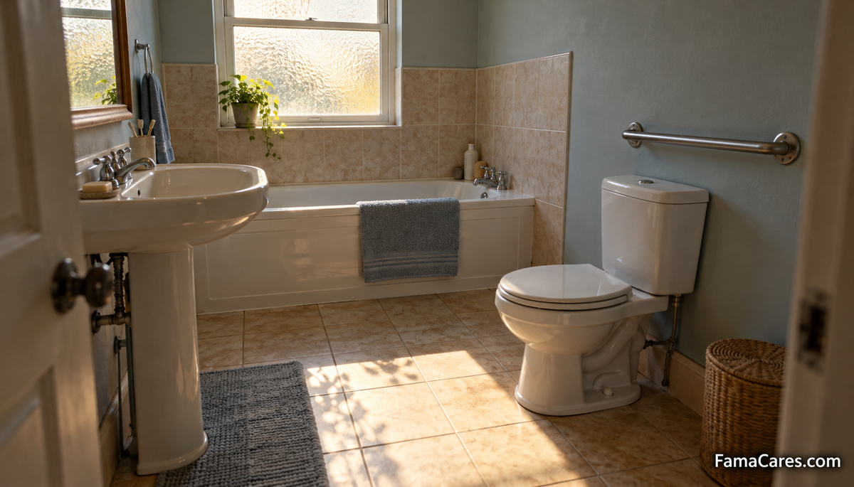 A home bathroom with a steel grab bar fixed to the wall beside the toilet, with the sink and bathtub in view