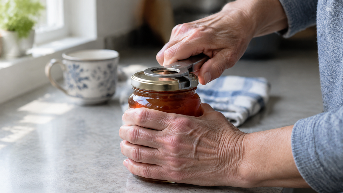 Older hands opening a jam jar with a jar opener on a kitchen counter