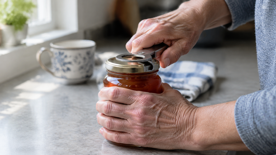 Older hands opening a jam jar with a jar opener on a kitchen counter