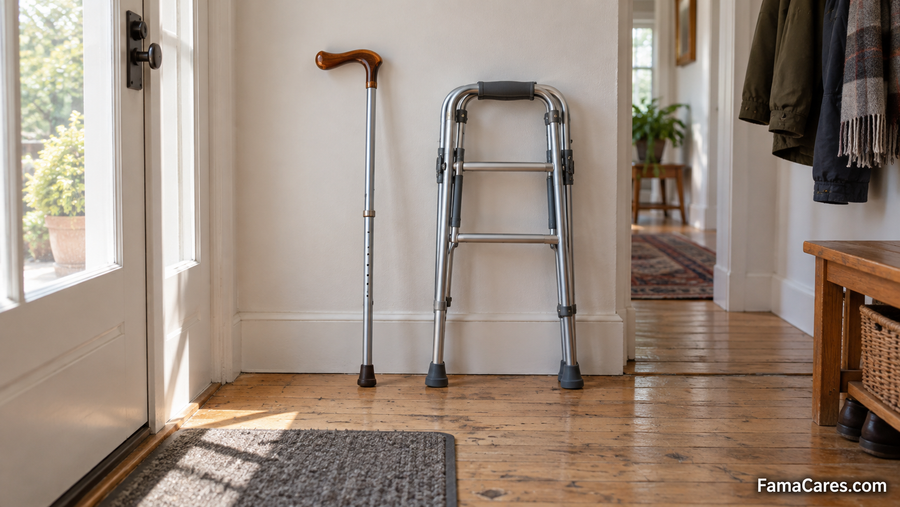 A wooden-handled cane standing against a hallway wall beside a folded aluminum walker with rubber-tipped feet