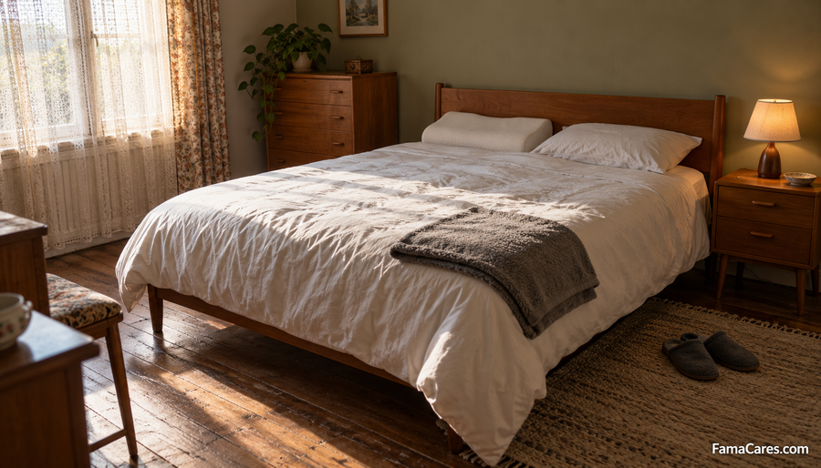 A made bed with a contoured foam pillow and a flatter pillow propped against a wooden headboard in a modest bedroom