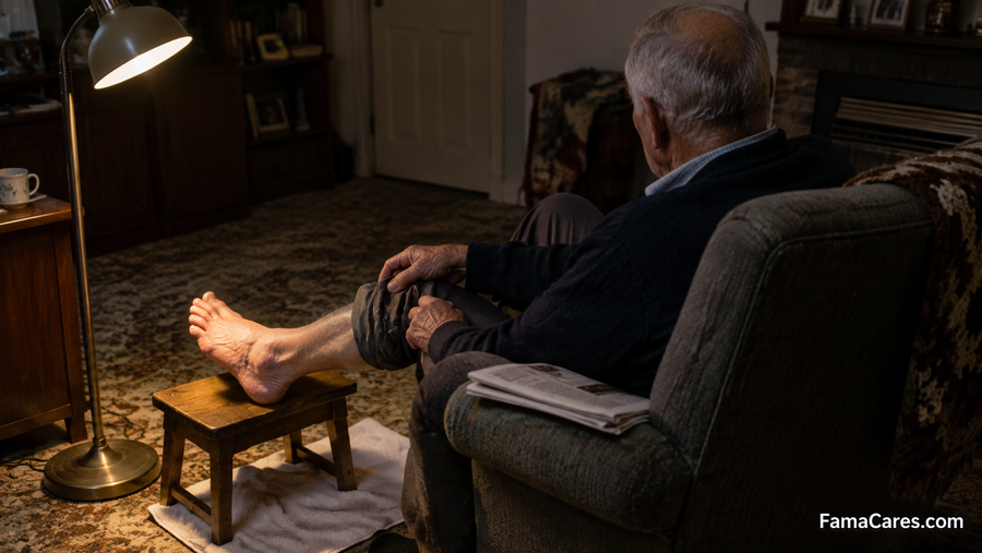 A man in his late seventies sitting in an armchair with one bare foot resting on a low wooden stool under a warm floor lamp