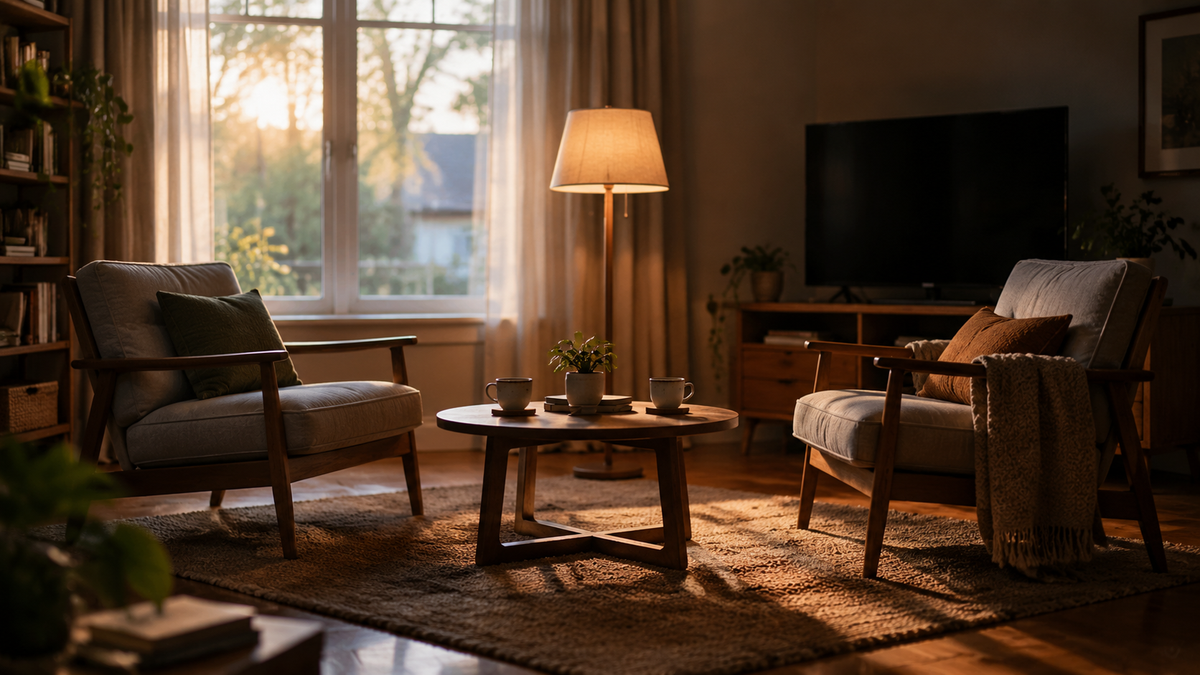 Two armchairs facing each other in a living room with the television off and a lamp lit between them