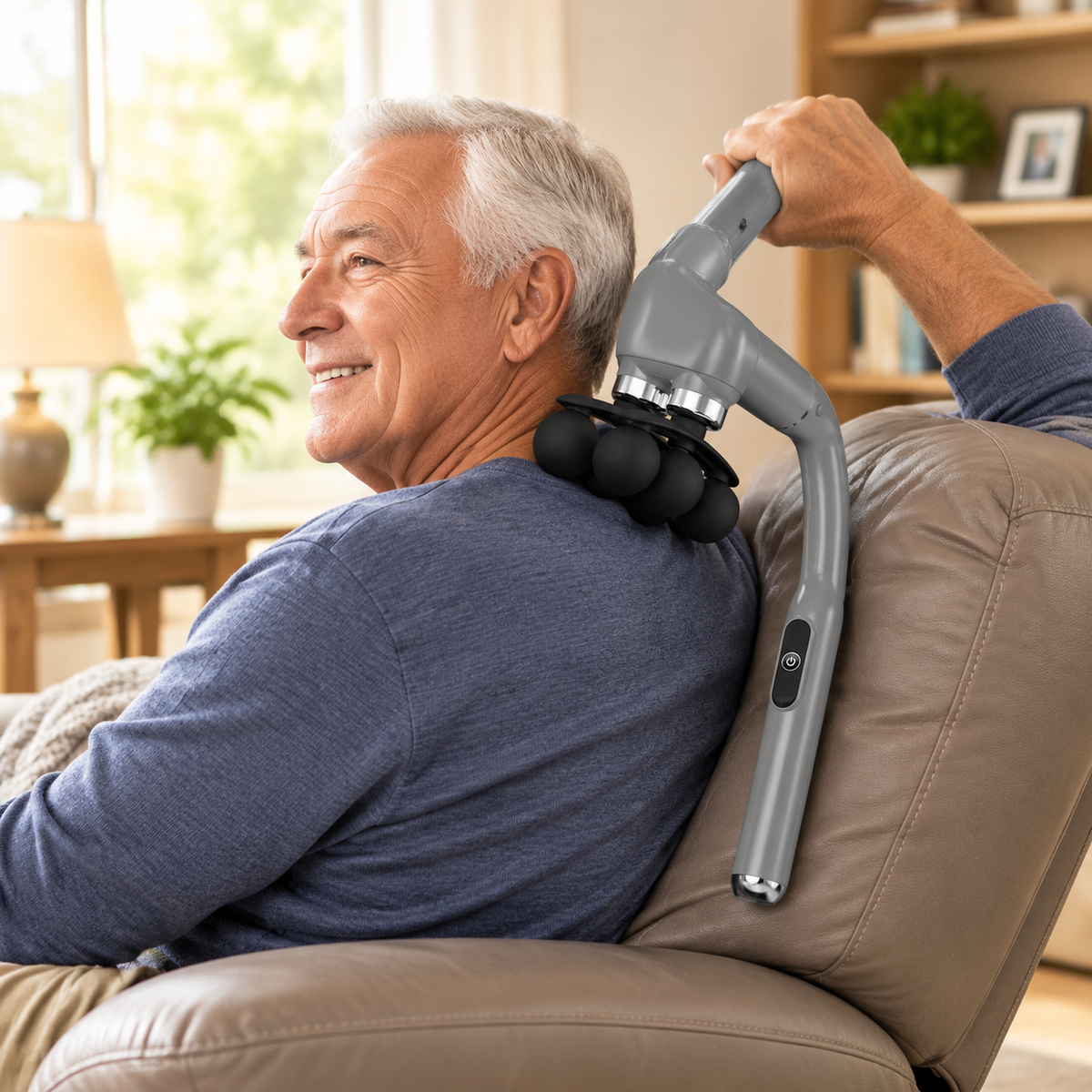 A man in his 70s sits in a recliner at home, holding the long curved handle over his shoulder so the six-ball head massages his upper back.