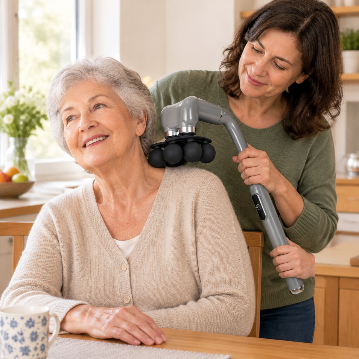 A daughter in her 40s stands behind her mother in her 70s at the kitchen table, showing her how to hold the long handle so the head rests on her shoulder.
