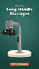 Long-handle massage gun lands on a podium, with its long curved handle, 6 intensity levels and 5 massage heads